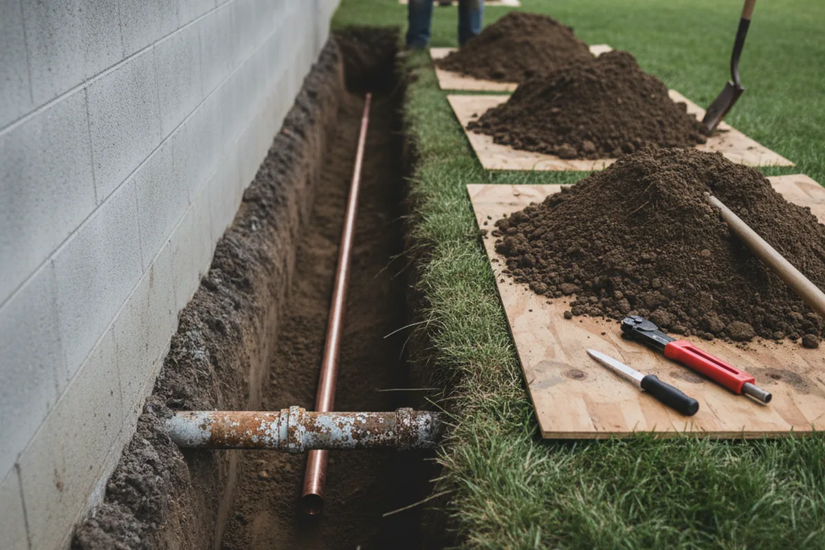 Excavated water line trench during Water Softener Installation in Teachey